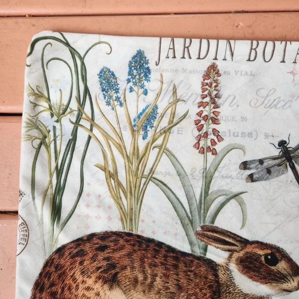 French Pillow Cover,20x20 Bunny Rabbit Dragon Fly Jardin Botanique, Zip